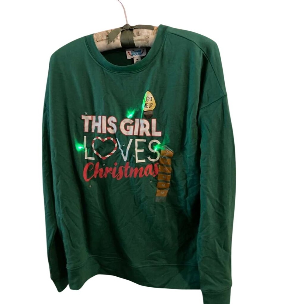 NEW Rockin Around Green Christmas Lights UP Graphic Sweatshirt Women's Size M